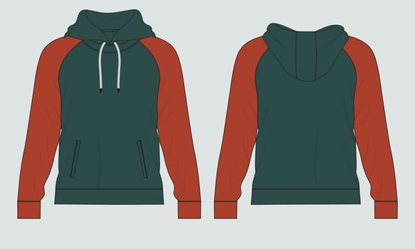 Hoodie Technical fashion flat sketch Vector template. Cotton fleece fabric Apparel hooded sweatshirt illustration mock up Front, back views.