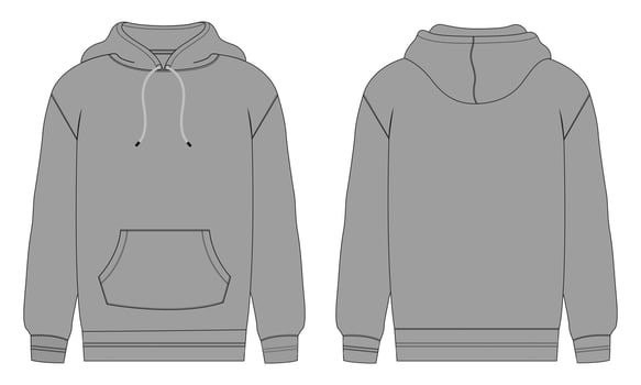 Hoodie Technical fashion flat sketch Vector template. Cotton fleece fabric Apparel hooded sweatshirt illustration mock up Front, back views.