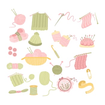 Cute Green and Pink Crochet and Knitting Tools vector
