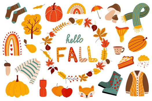 Vector set of autumn elements. Autumn season. Leaves, acorns, sweater, scarf, pumpkins, boots, mushroom, pie, rainbow, lettering Hello Fall. Collection of fall elements for scrapbooking.poster, banner
