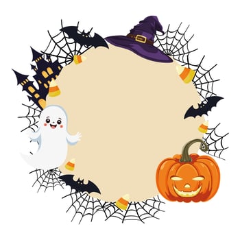 Round frame with Halloween items. Lantern pumpkin cute ghost spider web haunted house candy corn bat. For badges, postcards, invitations, banners. Vector illustration.