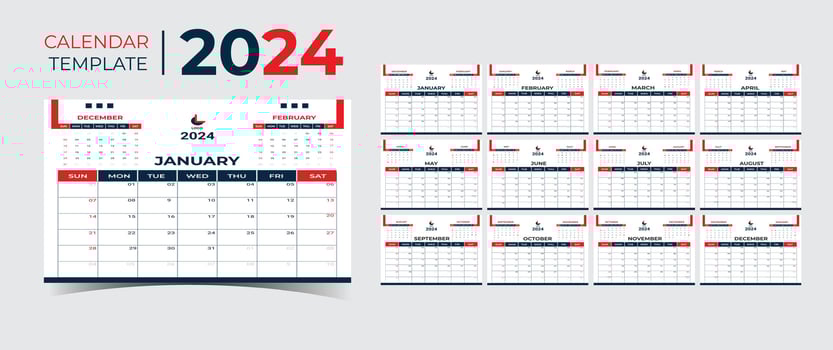 Monthly calendar template for 2024 year. Wall calendar in a minimalist style. Calendar 2024 week start Sunday corporate design planner template. vector