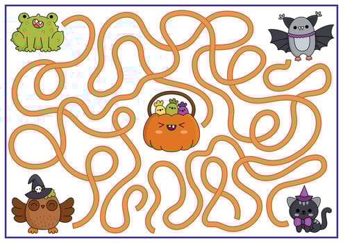 Halloween maze for kids. Autumn holiday preschool printable activity with cute kawaii animals and pumpkin with sweets. Scary labyrinth game with cute characters. Trick or treat worksheet vector