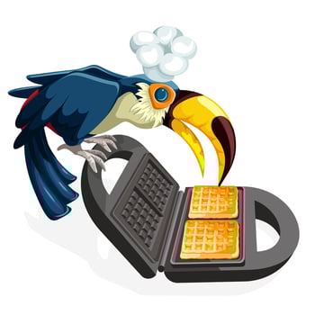Vector image of a toucan with a cook hat on a white background preparing a treat in a waffle iron. Concept. Cartoon style. EPS 10