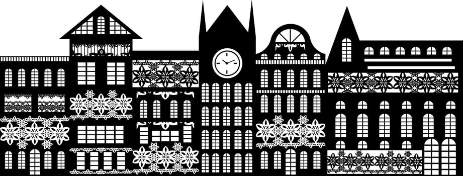 Vector image of a continuous wall, consisting of a variety of multi-storey buildings, decorated with decorative elements. EPS 10