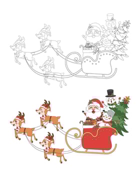 Santa Claus on sleigh with snowman, Christmas theme line art doodle cartoon illustration, Coloring book for kids, Merry Christmas. vector