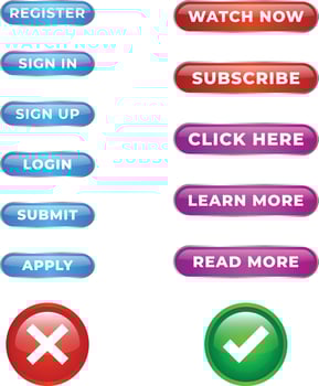 Glossy Web Button Design for Register, Sign in, Sign up, Login, Submit, Apply, Watch now, Subscribe, Click here, Learn more, Read more, Cross and Tick vector