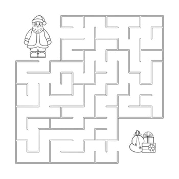 Black and white vector illustration. Children s educational game finding the right way. Christmas maze is a puzzle. Coloring book. Children s Help Santa Claus find the way to the gifts.