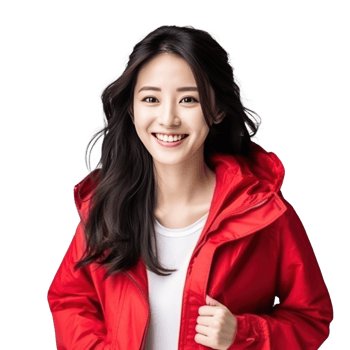 Portrait of asian woman in vivid jacket, smiling and looking happy isolated png