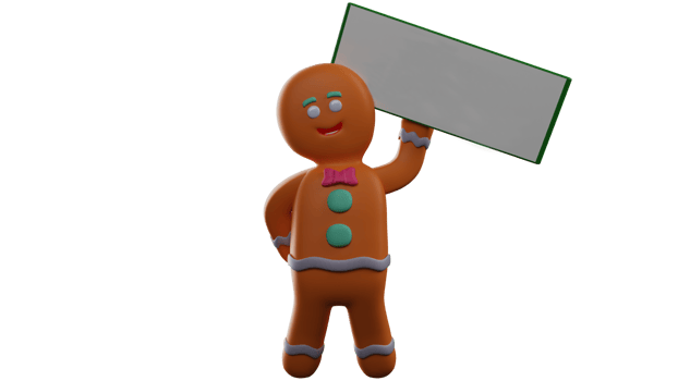 3D illustration. Adorable Gingerbread 3D Cartoon Character. Gingerbread stands holding up a white board with one hand. Gingerbread smiles happily. 3D Cartoon Character png