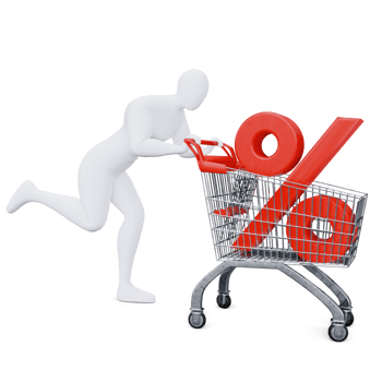 The 3d Human Is Pushing the Discount Shopping Cart Energetically. 3d Shopping Concept. png