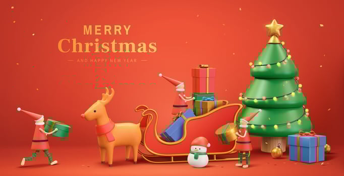 3d Xmas banner of cute Christmas elves putting gifts on Santa's sledge. Decorated with snowman and Christmas tree. vector