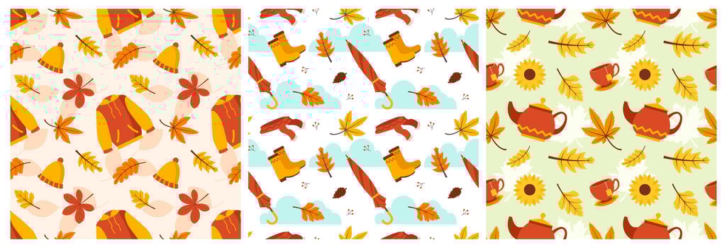 Set of Autumn Season Seamless Pattern Design with Fall Elements in Template Cartoon Flat Illustration vector