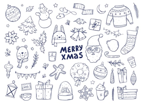 Christmas doodles set, clip art, cartoon elements collection isolated on white background for prints, stickers, cards, scrapbooking, stationary, sublimation, coloring pages, etc. EPS 10 vector