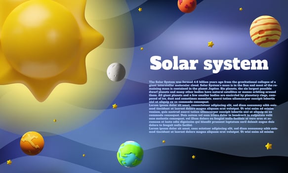 3D render Solar system banner. Vector illustration cartoon space poster with text in plastic style. Realistic astronomy infographic. Sun, Eatrh, Mercury, Jupiter, Venus and other planets.