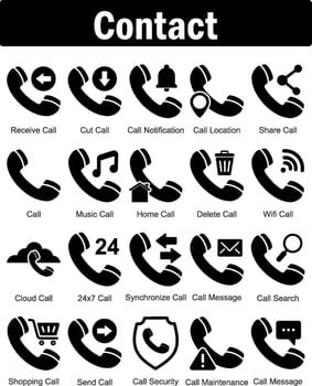 A set of 20 contact icons as receive call, cut call, call notification vector