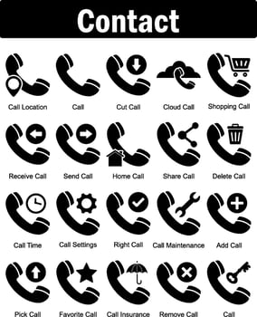 A set of 20 contact icons as call location, call, cut call, cloud call vector