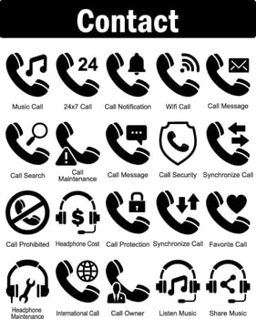A set of 20 contact icons as music call, 24x7 call, call notification vector