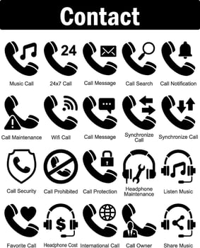 A set of 20 contact icons as music call, 24x7 call, call message vector