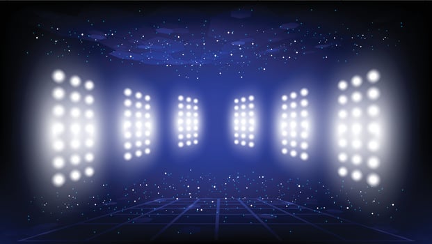 Abstract background stadium stage hall with scenic lights of round futuristic technology user interface Blue vector lighting empty stage spotlight background.