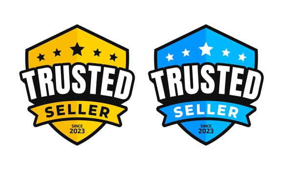 Trusted seller vector logo with shield and star isolated on white background. for icon, label, emblem, sticker, symbol, stamp, tags, medals, logo, badges, seal, banner. Quality product guarantee