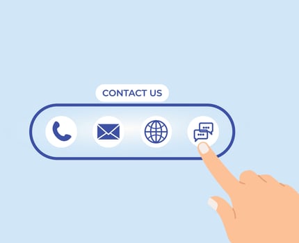Businessman using a laptop and touching on virtual screen contact icons consists of telephone, email, address, live chat, internet. Contact us or Customer care support hotline people connect vector