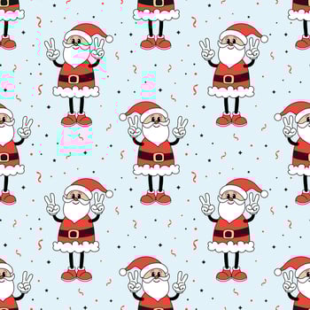 Seamless pattern, retro hippie character of cheerful Santa Claus. Christmas print, background in cartoon style. Vector