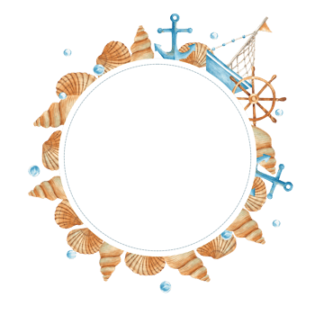 Sea circle frame, cute watercolor ship, boat, wooden steering wheel, seashells, nautical anchor and water bubbles. Marine design. Watercolor hand drawn illustration. For cards, logos, marine design png