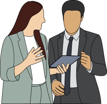 Engage in productive discussions with male and female colleagues, fostering collaboration and innovation. Enhance teamwork and communication skills. Cartoon style illustration. vector