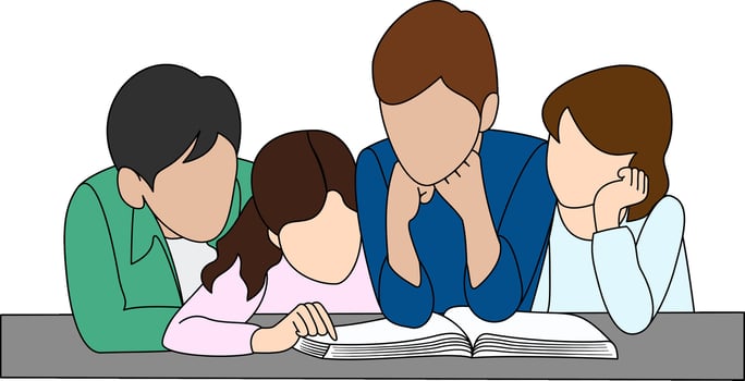 Four primary school children reading a big book together and having fun. Kids Enjoy Reading Together. Four Children Dive into a Book. Cartoon style illustration. vector