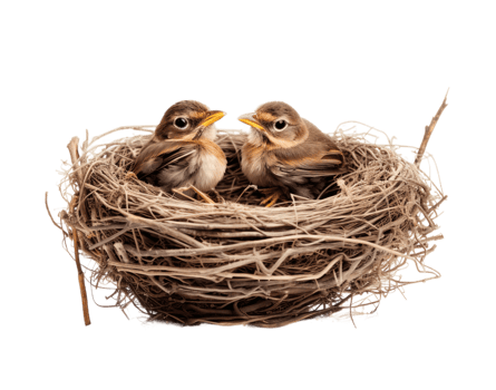 Bird nest with two baby birds isolated on transparent background. PNG file, cut out. AI Generated