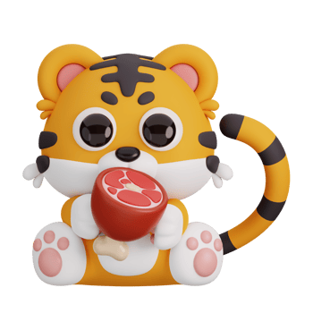Cute Tiger Holding Meat Isolated. Animals and Food Icon Cartoon Style Concept. 3D Render Illustration png