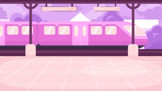 Platform train station cute kawaii lo fi background. Public transport. Rapid transit 2D vector cartoon cityscape illustration, lofi aesthetic wallpaper desktop. Japanese anime scenery, dreamy vibes
