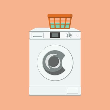 Washing machine. Home life. Basket with laundry. Household appliances, electronics. House. Vector illustration, background isolated.