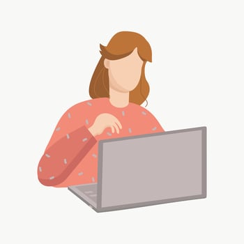 Young woman  with laptop. Modern workplace with open laptop on office table Young woman working on a laptop computer Vector illustration, background isolated.