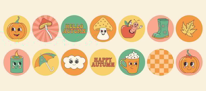Groovy autumn fall sticker collection with autumn elements. Cartoon characters in trendy retro style, comic mascot characters. vector