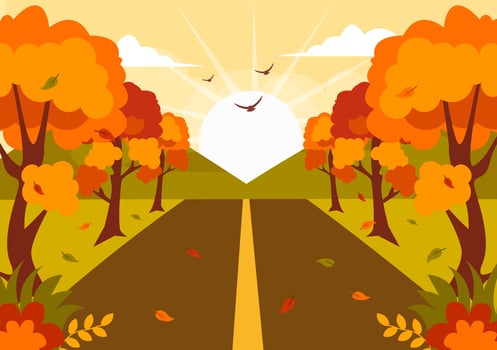 Autumn Landscape Background Vector Illustration with Mountains, Fields, Trees and Fall Leaves in Flat Cartoon Natural Season Panorama Templates