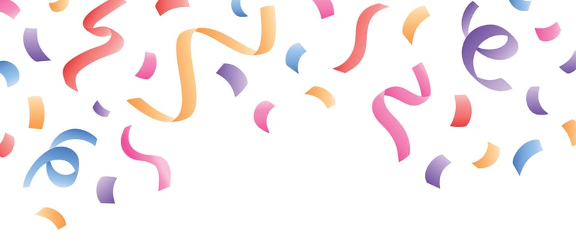 Colorful ribbon falling from above background vector. Abstract vibrant ribbon and confetti streamers template design. Celebration festival wallpaper design for opening, party, birthday, backdrop. vector