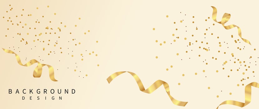 Golden ribbon falling from side background vector. Abstract vibrant ribbon and confetti streamers template design. Celebration festival wallpaper design for opening, party, birthday, backdrop. vector