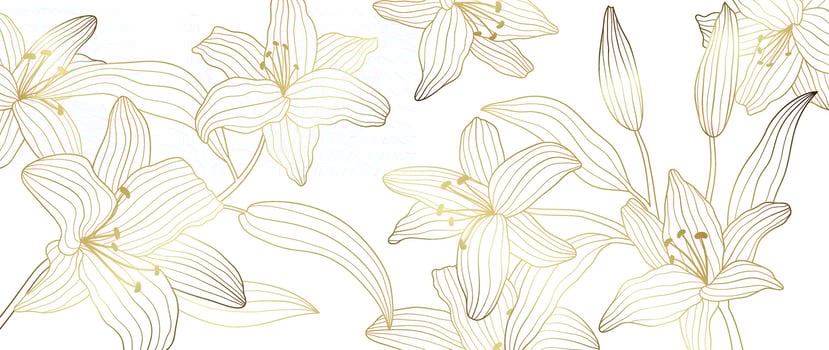 Luxury golden lily flower line art background vector. Natural botanical elegant flower with gold line art. Design illustration for decoration, wall decor, wallpaper, cover, banner, poster, card. vector