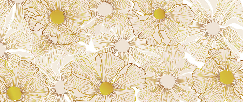 Luxury golden poppy flower line art background vector. Natural botanical elegant flower with gold line art. Design illustration for decoration, wall decor, wallpaper, cover, banner, poster, card. vector