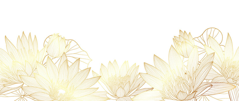 Luxury golden lotus flower line art background vector. Natural botanical elegant flower with gold line art. Design illustration for decoration, wall decor, wallpaper, cover, banner, poster, card. vector