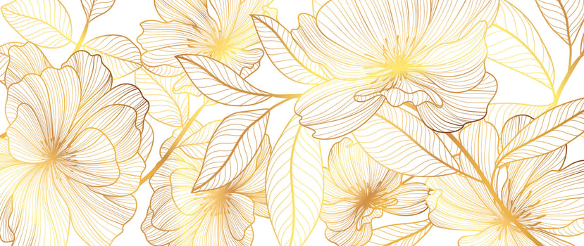 Luxury golden poppy flower line art background vector. Natural botanical elegant flower with gold line art. Design illustration for decoration, wall decor, wallpaper, cover, banner, poster, card. vector
