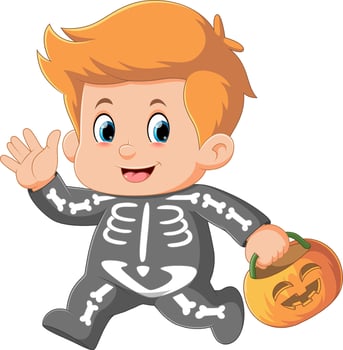 Cartoon boy wearing halloween skeleton costume holding pumpkin basket vector