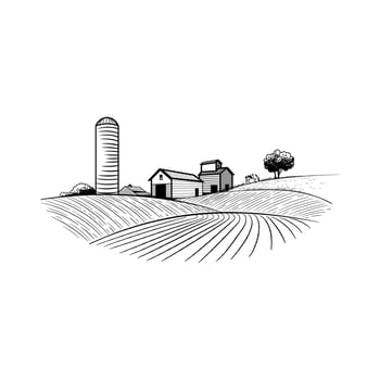 Farm warehouse, hangar among the fields and hills. Farming engraving, agribusiness and organic products vector