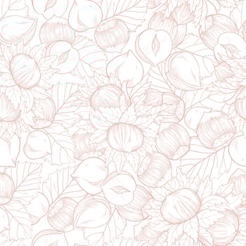 Seamless pattern Hazelnut many fruit nuts and kernels in sketch style. Pale pink background for packing hazelnut or chocolate, nut paste vector
