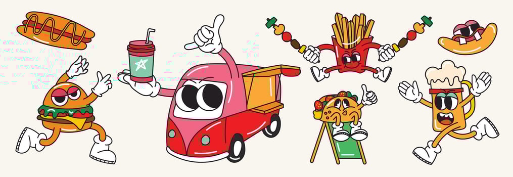 Set of 70s groovy element food truck concept vector. Collection of cartoon character, doodle smile face, hamburger, taco salad, beer, sandwich. Cute retro groovy hippie design for decorative, sticker. vector