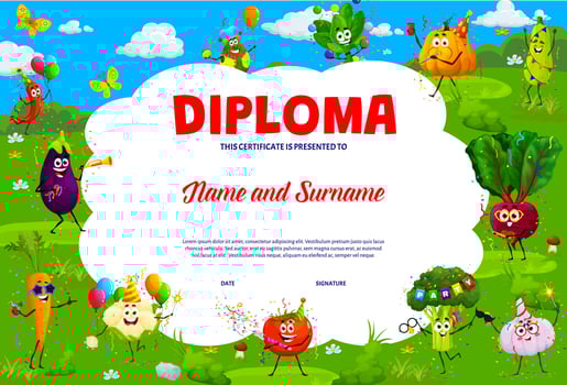 Kids diploma, cute vegetable characters at party vector