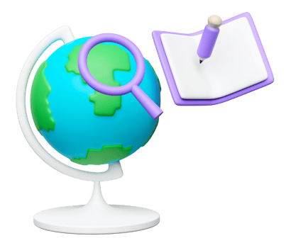 3d planet earth model, globe rotating on stand with open book, magnifying glass, pencil icon isolated. education, studying, researching concept, 3d render illustration png