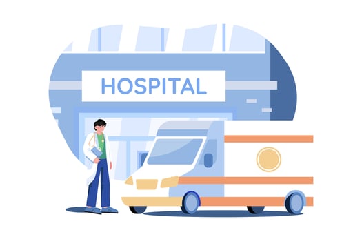 Ambulance Parked in Front of Hospital Building vector